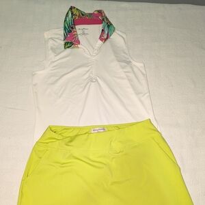 Tommy Bahama Golf Green Skort Set White Sleeveless Tank with Colorful Collar